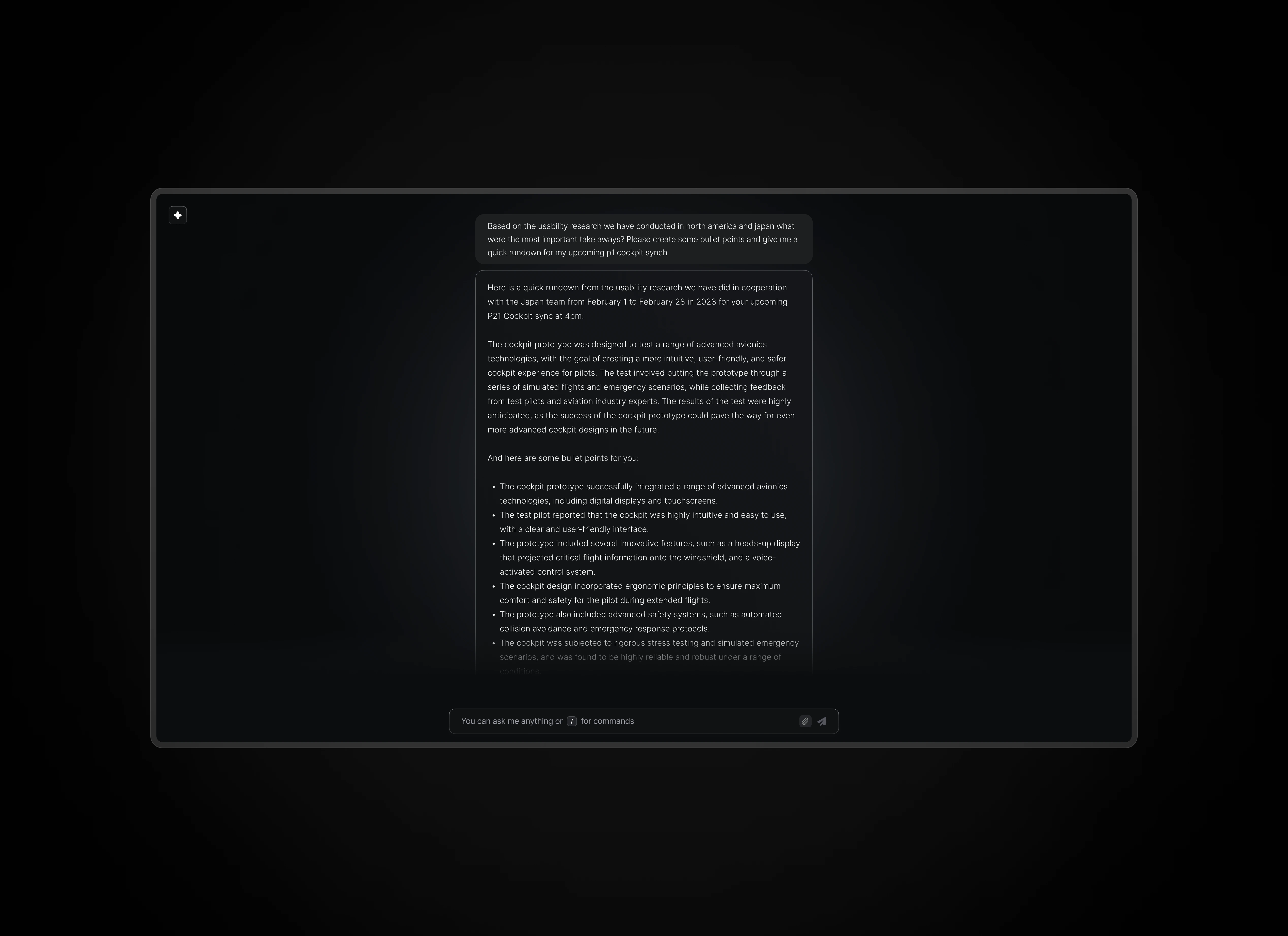 A text document detailing usability research findings and bullet points on a cockpit prototype.