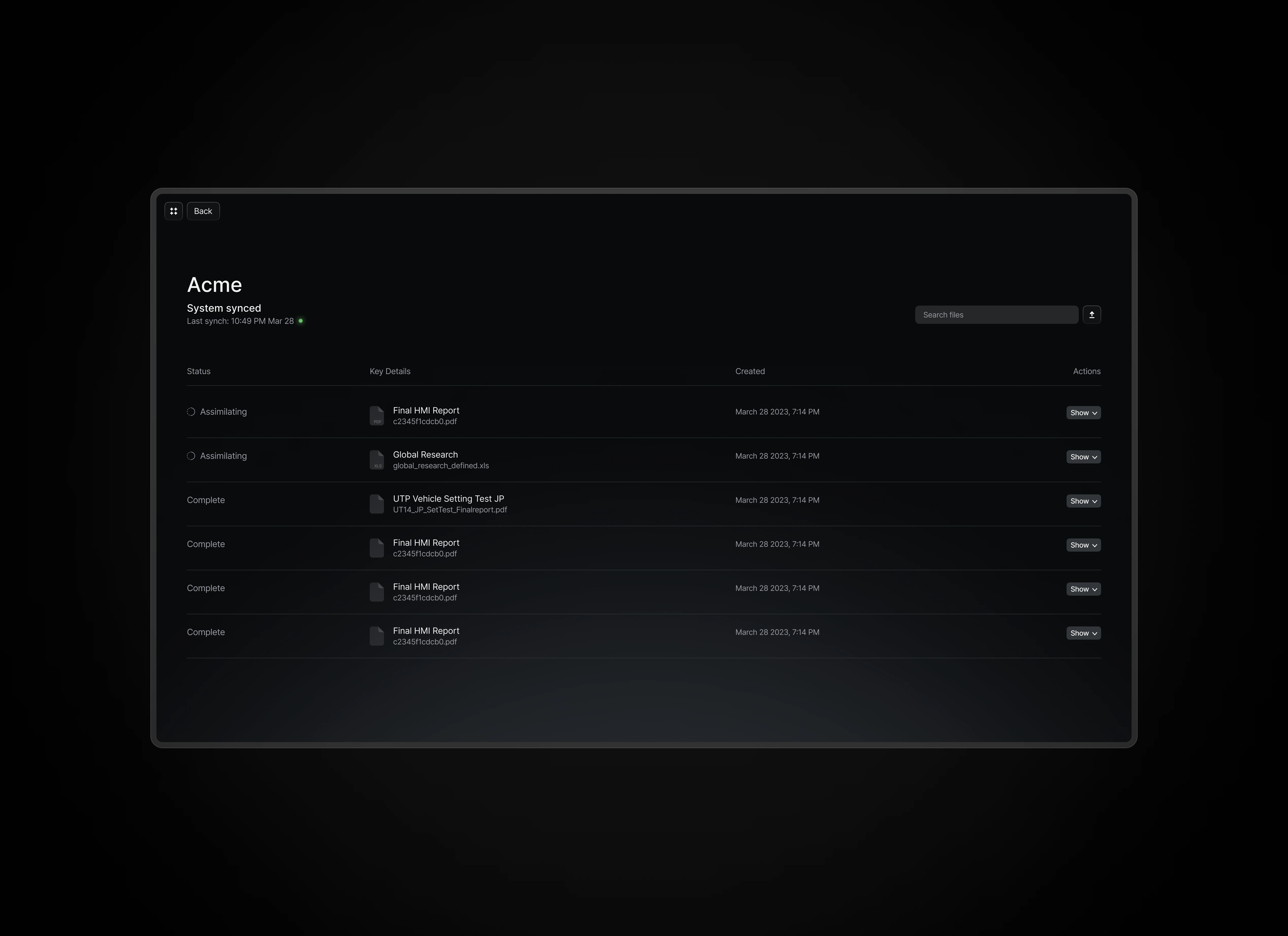 A file synchronization interface listing reports with their status, details, and creation dates.