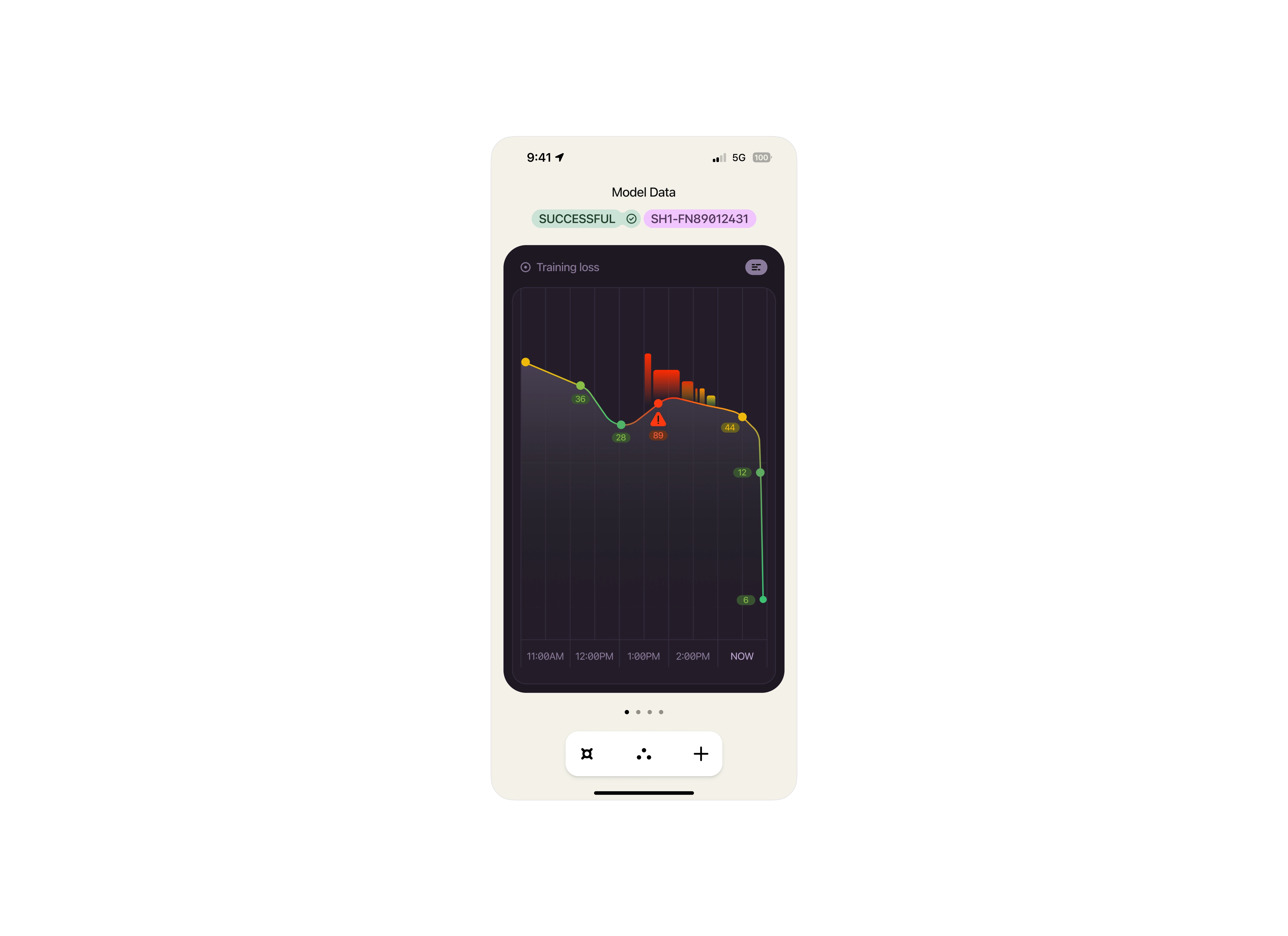 A smartphone screen with a graph showing training loss for an AI model.