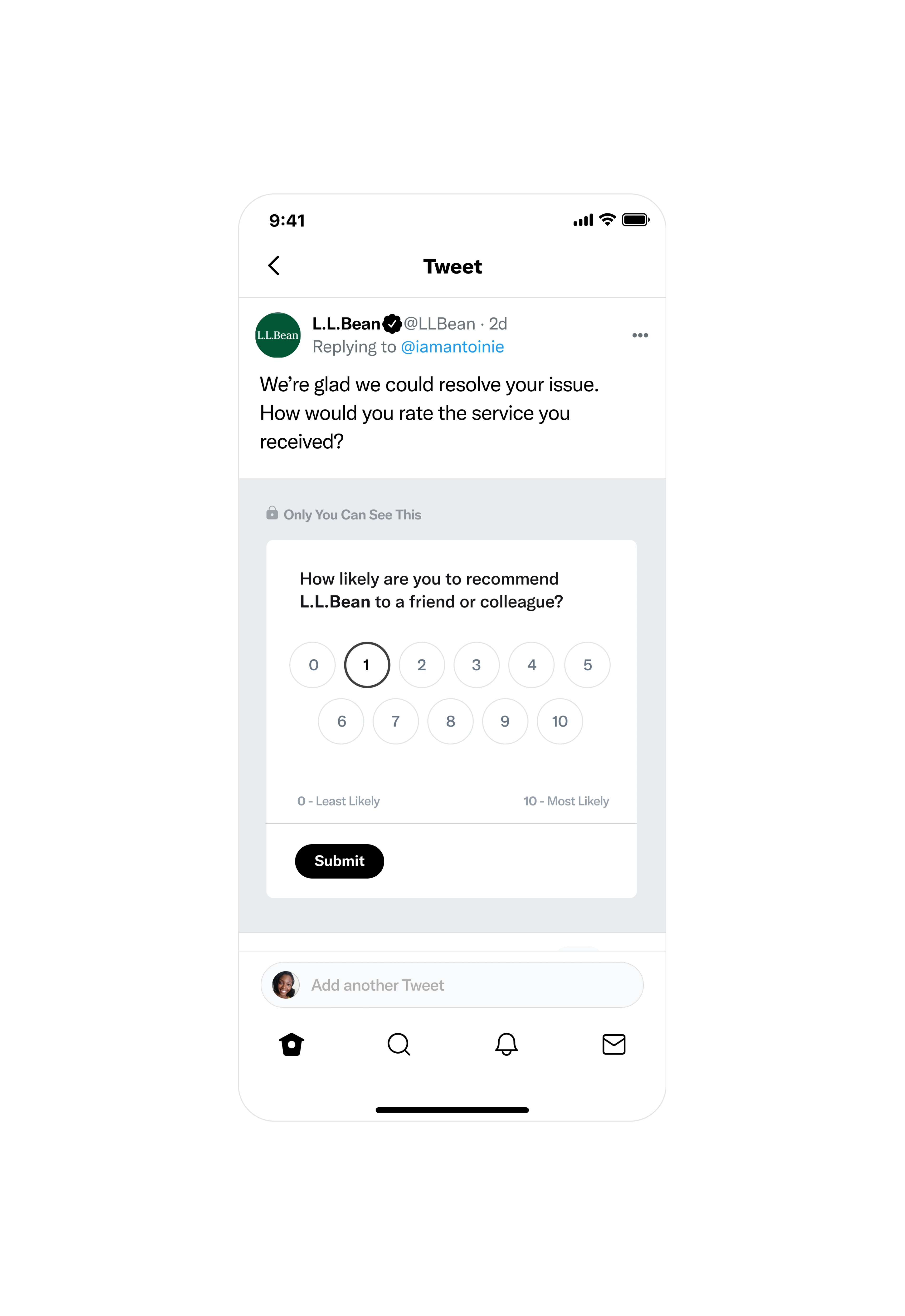 Mobile mockup showing a customer satisfaction survey on a Twitter interface with a tapped circle round selector showcasing number 1.