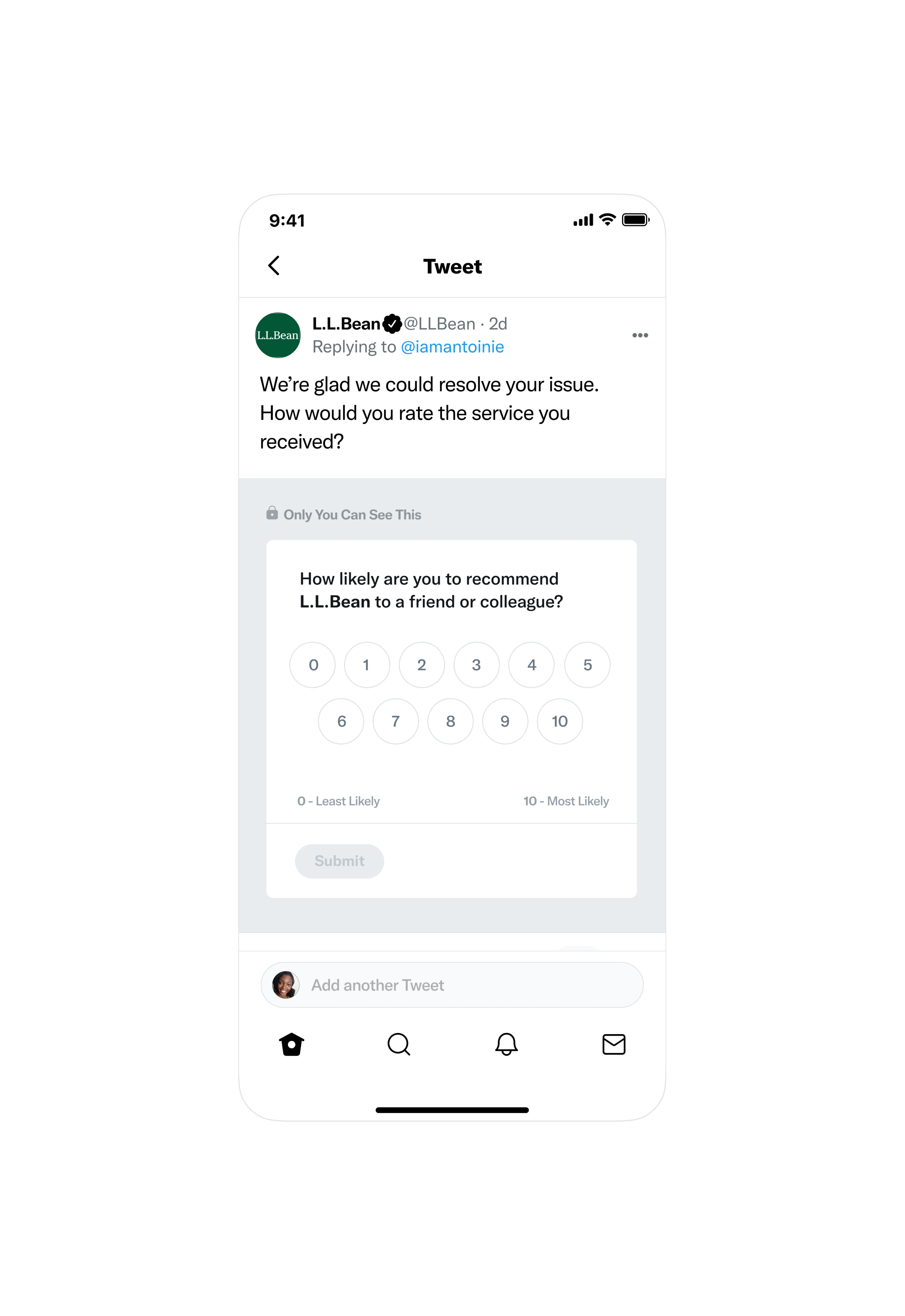 Mobile mockup showing a customer satisfaction survey on a Twitter interface with circle round selectors scale from 0 to 10.