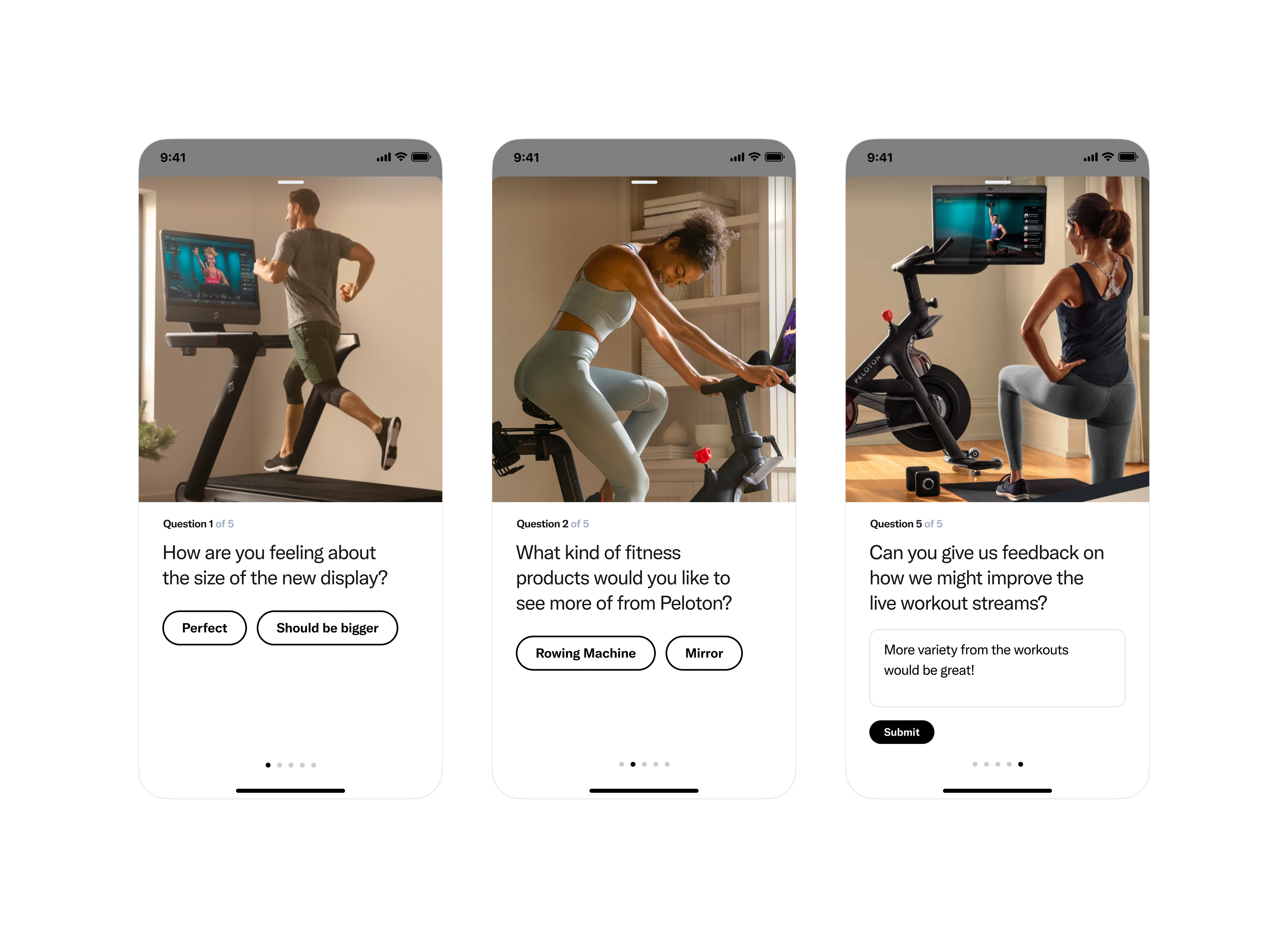 A series of mobile mockups showcasing different fitness app screens with survey questions related to workout preferences and feedback.