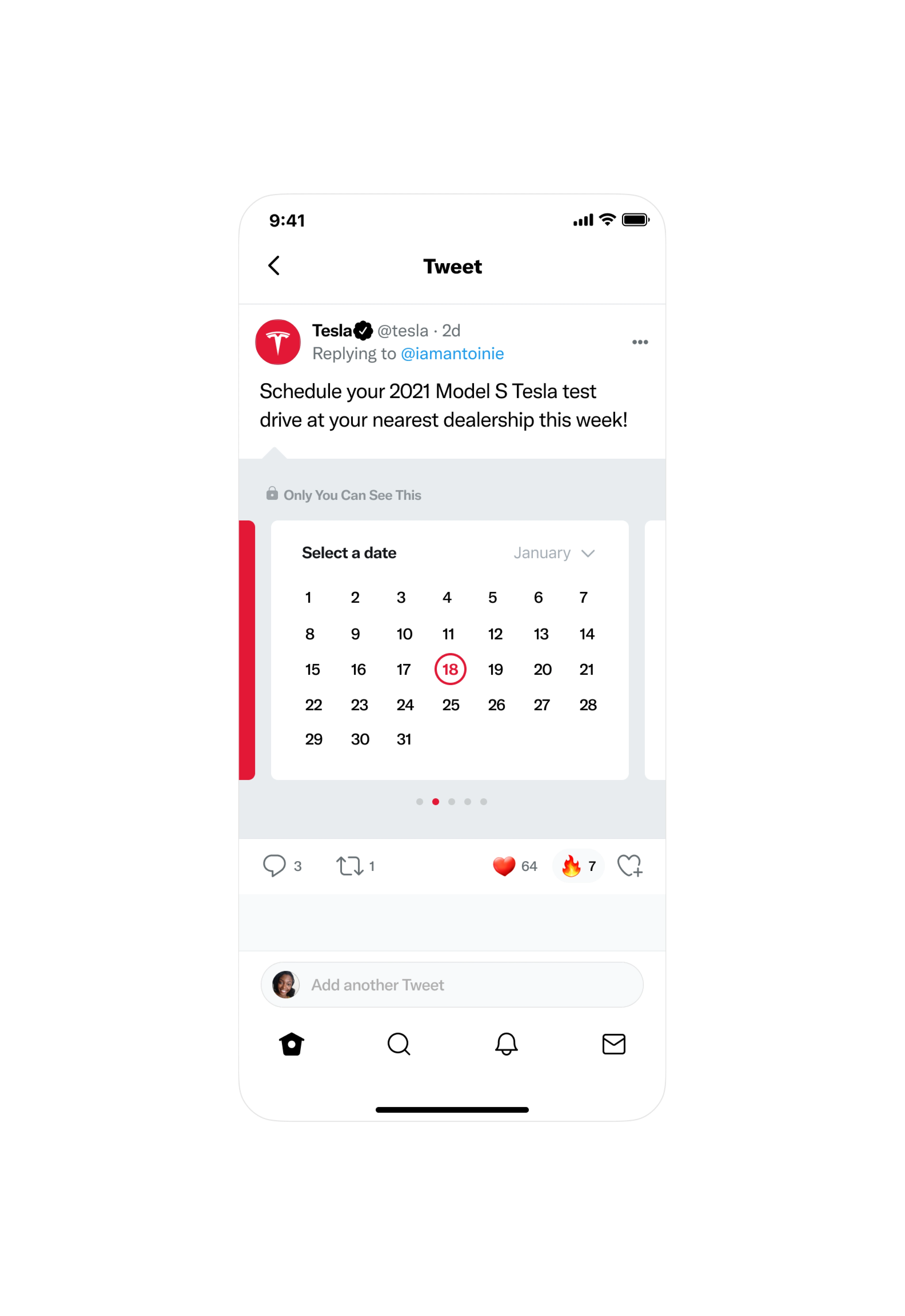 Mobile mockup displaying a Twitter conversation with Tesla offering a date selection tool for scheduling a test drive.