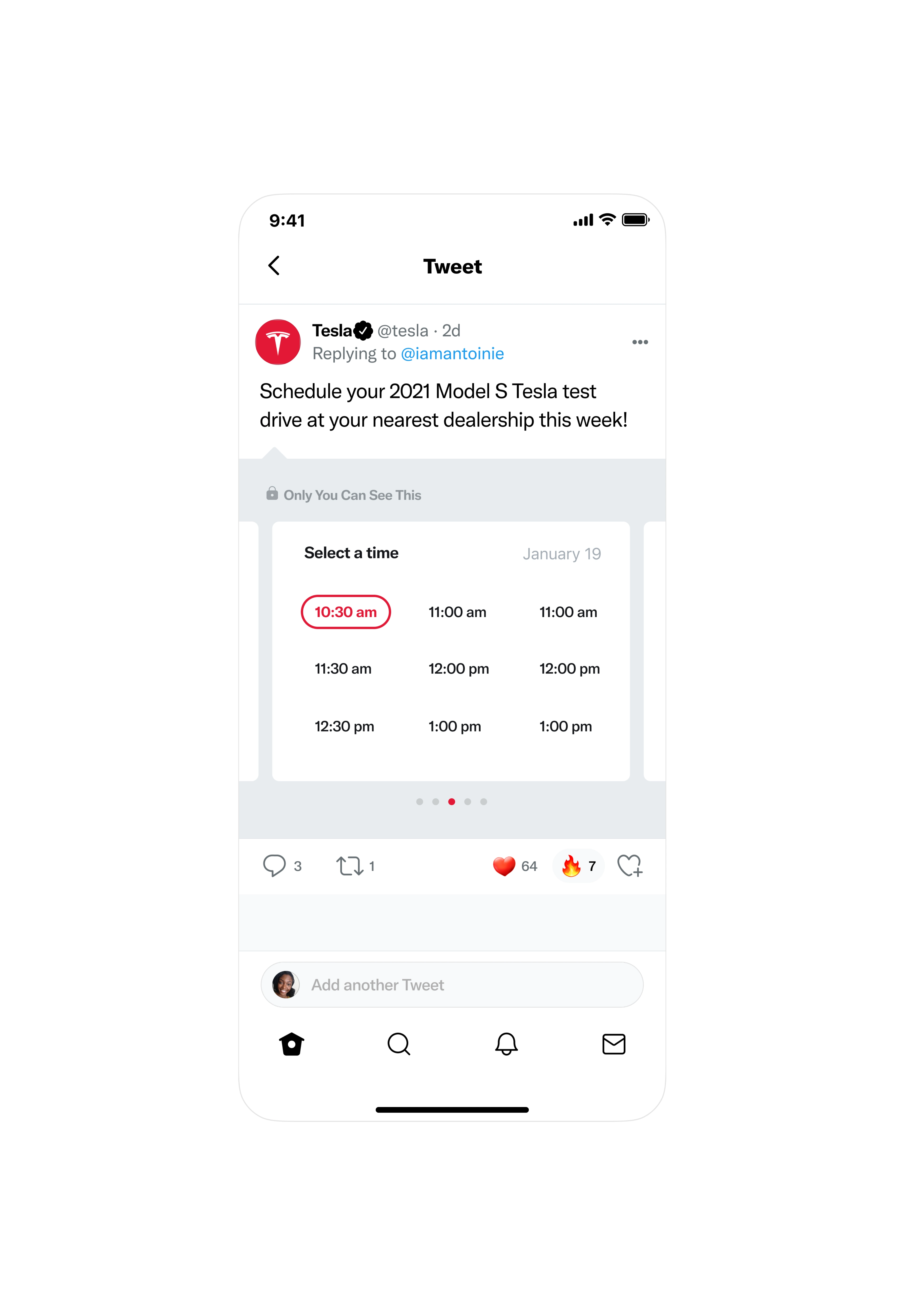 Mobile mockup showing a Twitter reply from Tesla with a time selector tool for scheduling a vehicle test drive, highlighting 10:30 am as an option.