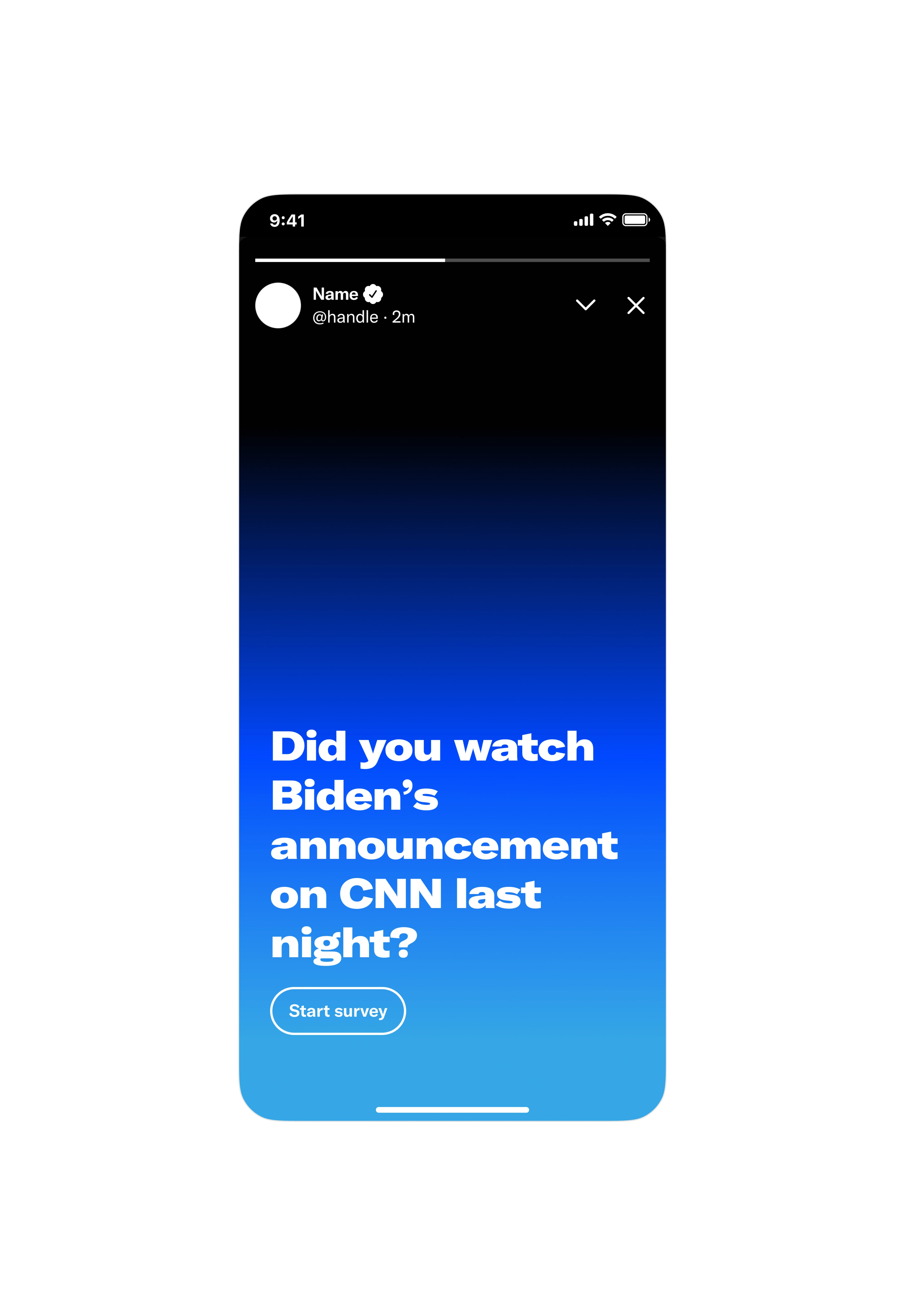 Mobile mockup of a CNN tweet within a smartphone frame, inviting users to take a survey about political appointments with a 'Start survey' button.