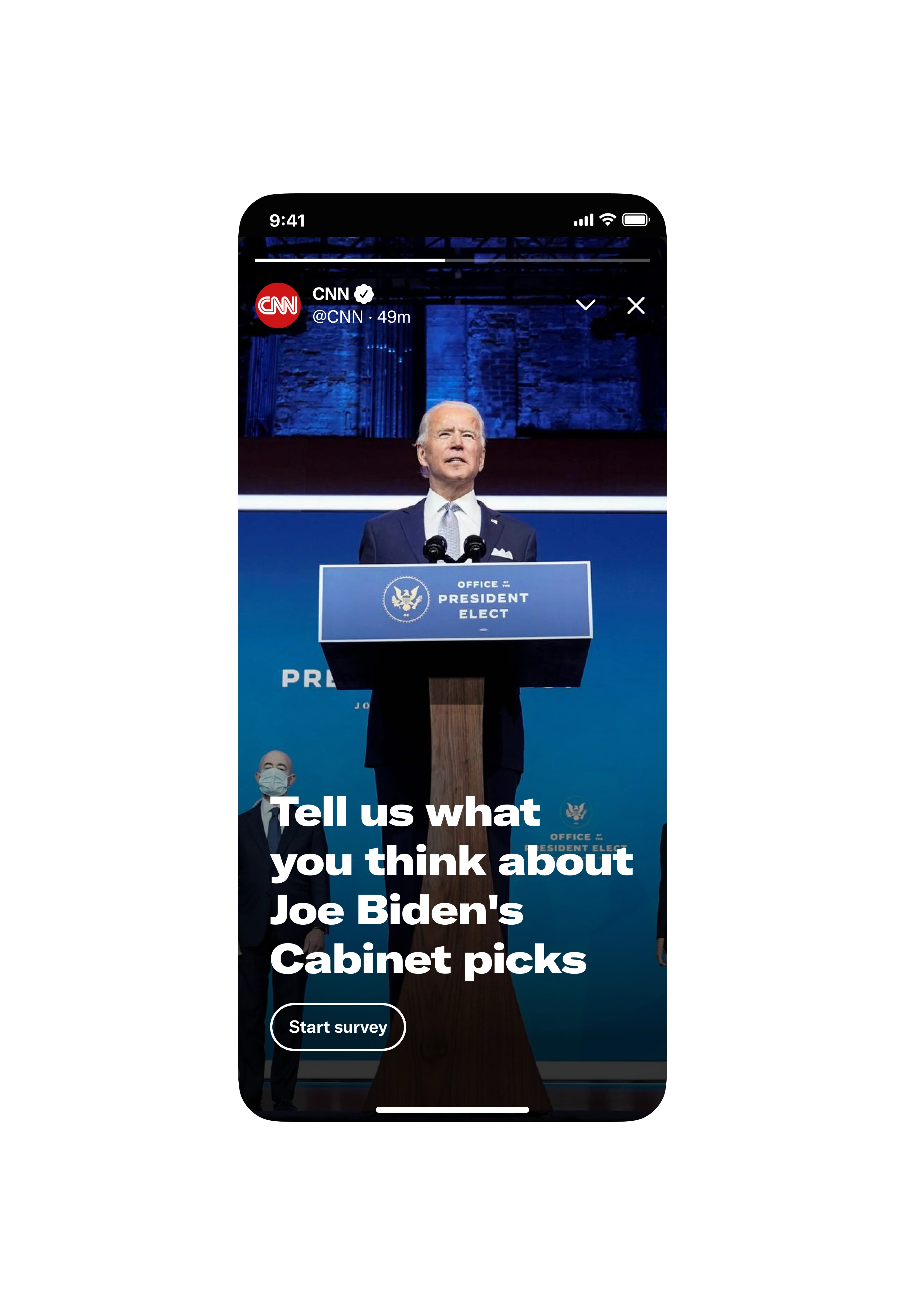 Mobile mockup of a CNN tweet within a smartphone frame, inviting users to take a survey about political appointments with a 'Start survey' button.